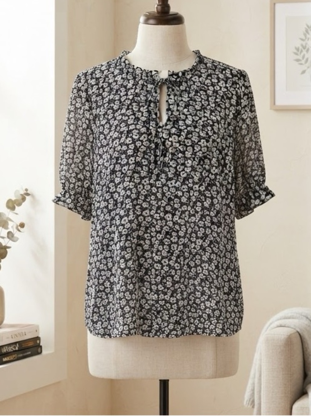 J. Crew Floral Short-Sleeve Ruffle Keyhole Blouse